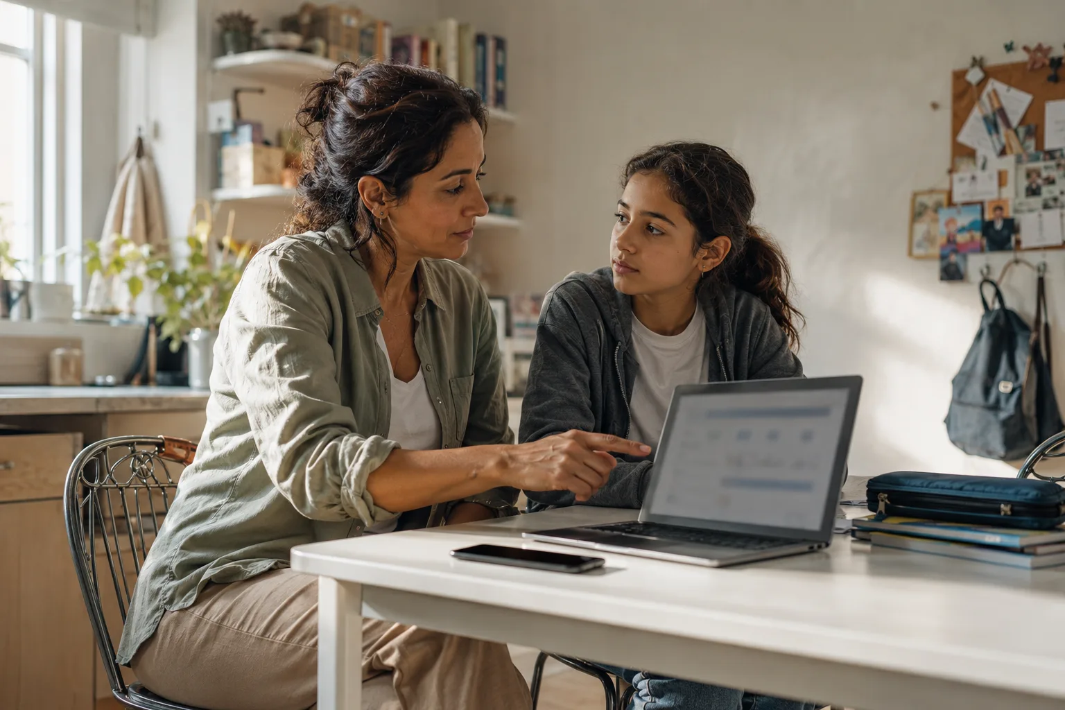 Parent and teenager calmly review a blurred school dashboard together at home with a phone placed face down.
