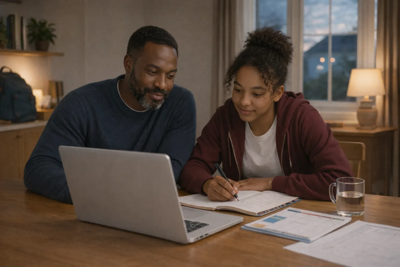 Un parent et un adolescent consultent calmement un outil scolaire à la maison autour d’une table de travail.