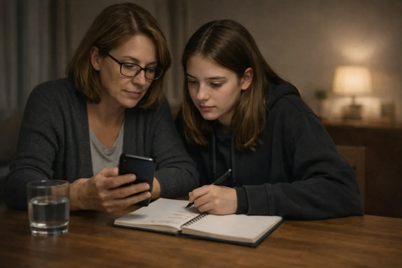 Un parent aide un adolescent à documenter calmement une situation préoccupante à partir d’un téléphone et de notes.