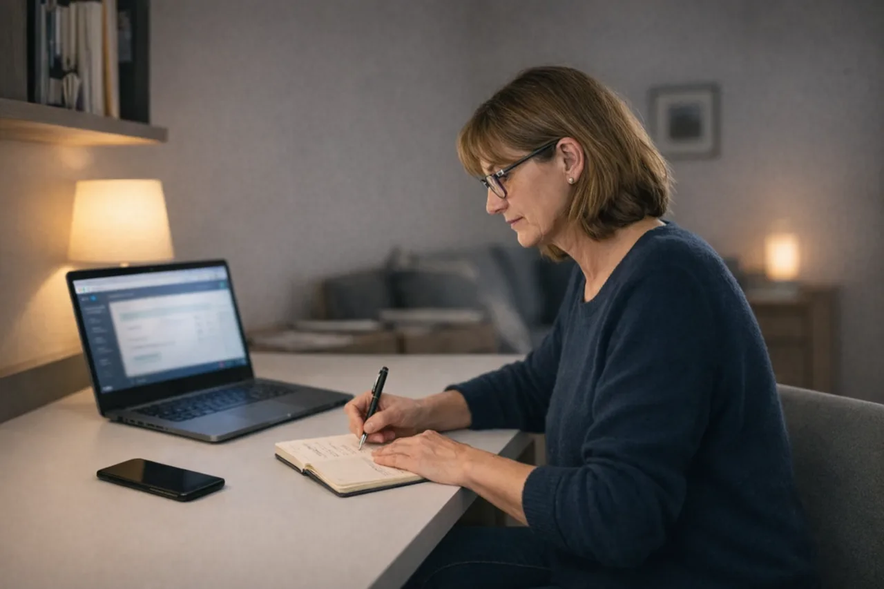 Un parent consulte brièvement un outil scolaire sur ordinateur tandis que son téléphone reste posé face contre table.