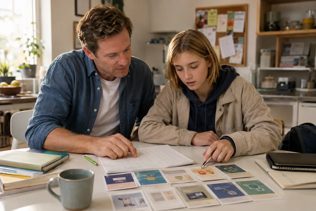 A parent and teenager compare education option cards and notes at a home work table.