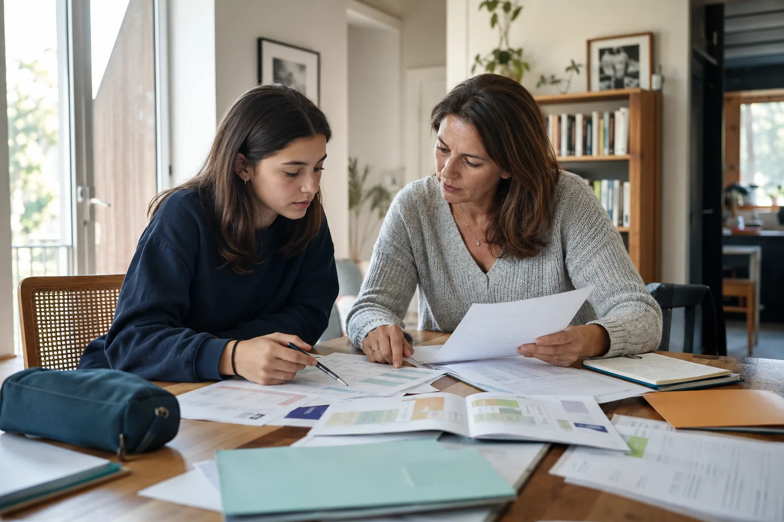 Un parent et un adolescent comparent plusieurs options scolaires autour d’une table à la maison.