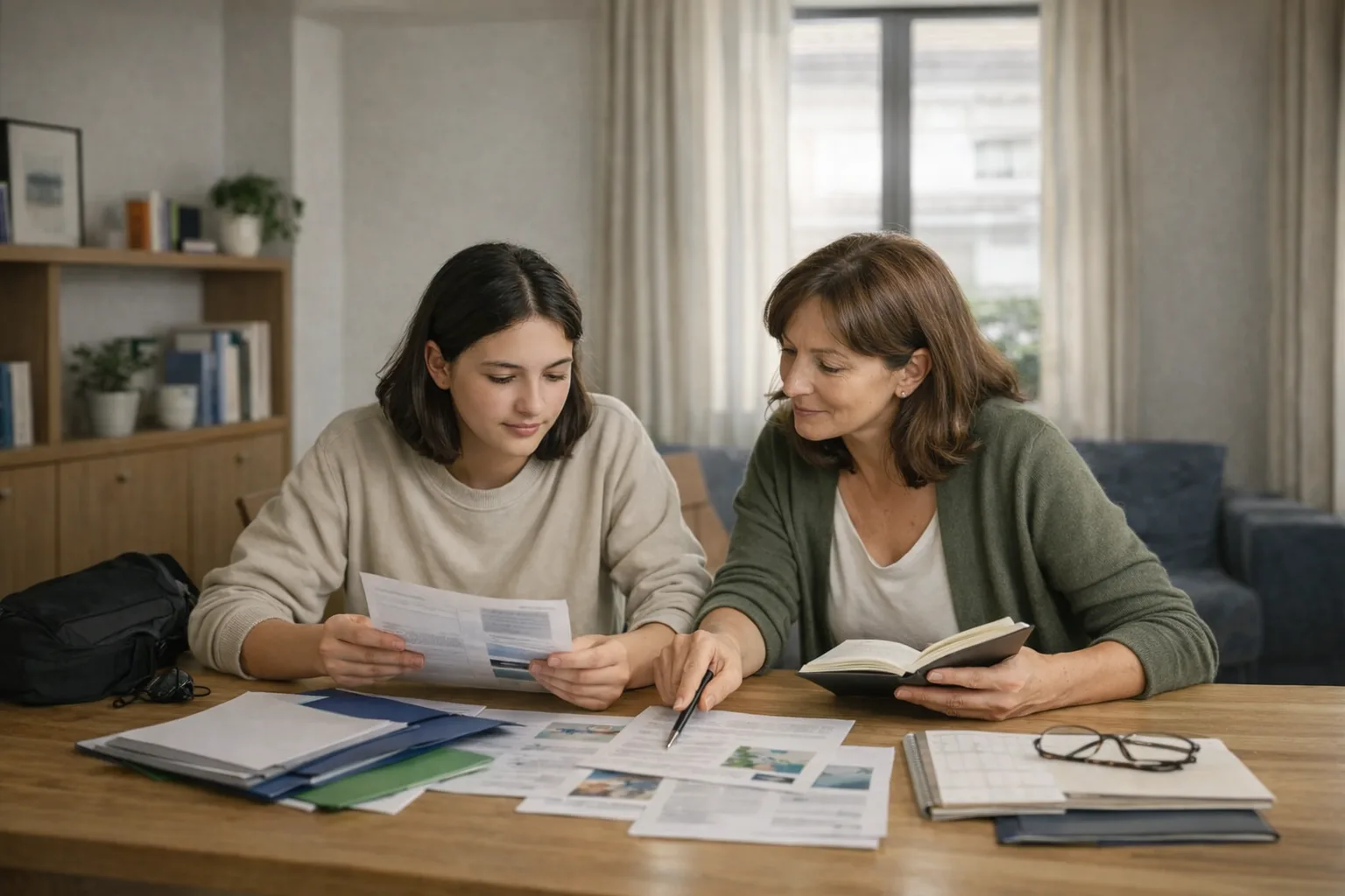 Un parent et un adolescent comparent plusieurs options scolaires autour d’une table à la maison.
