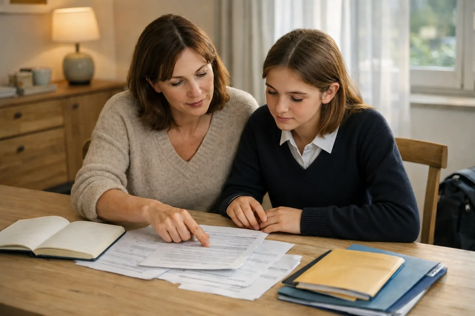 Parent, student and school staff member reviewing support notes together at a school meeting table.