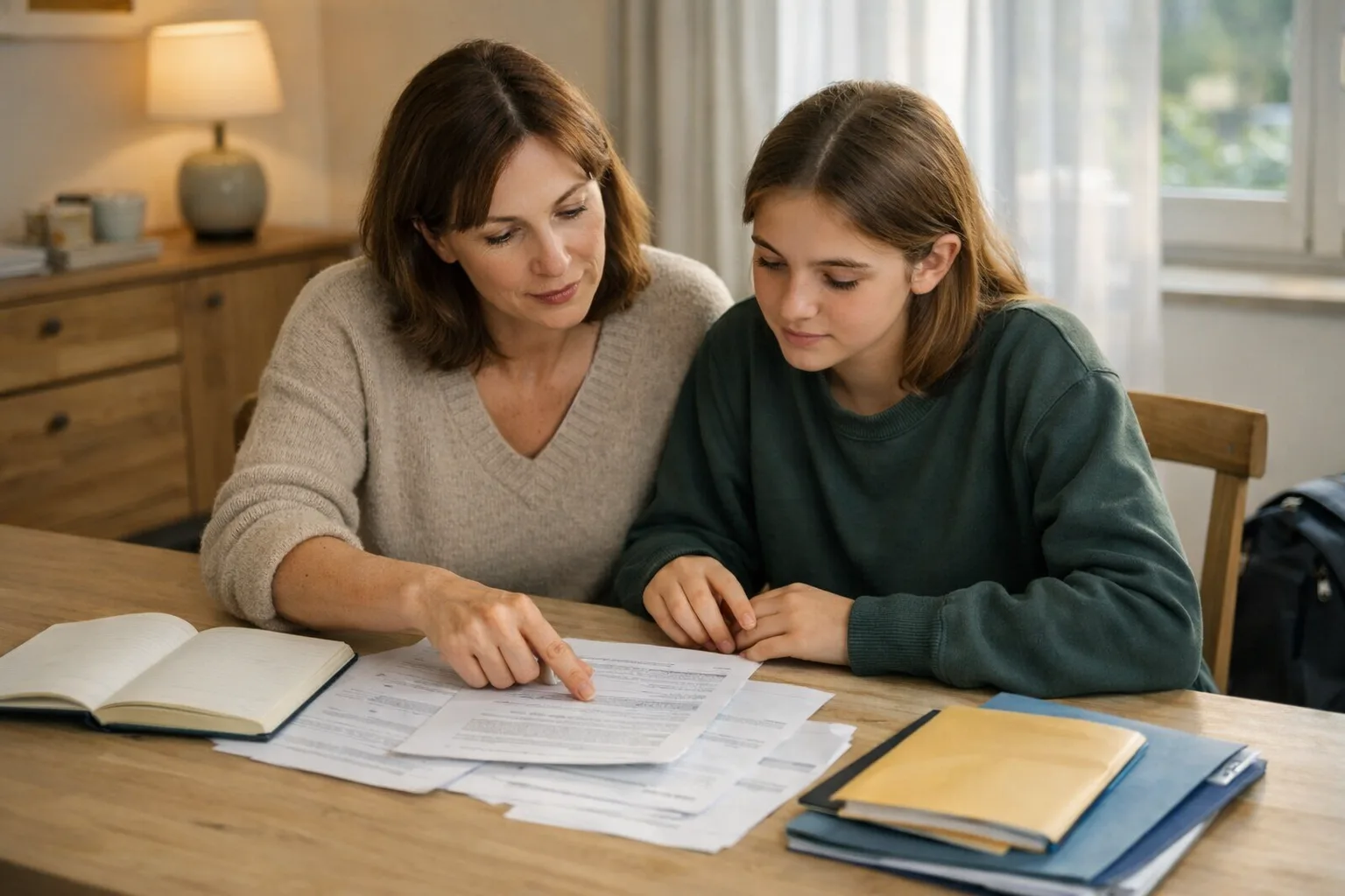 Un parent et un adolescent relisent calmement des documents scolaires à une table familiale pour préparer une demande d’aide.