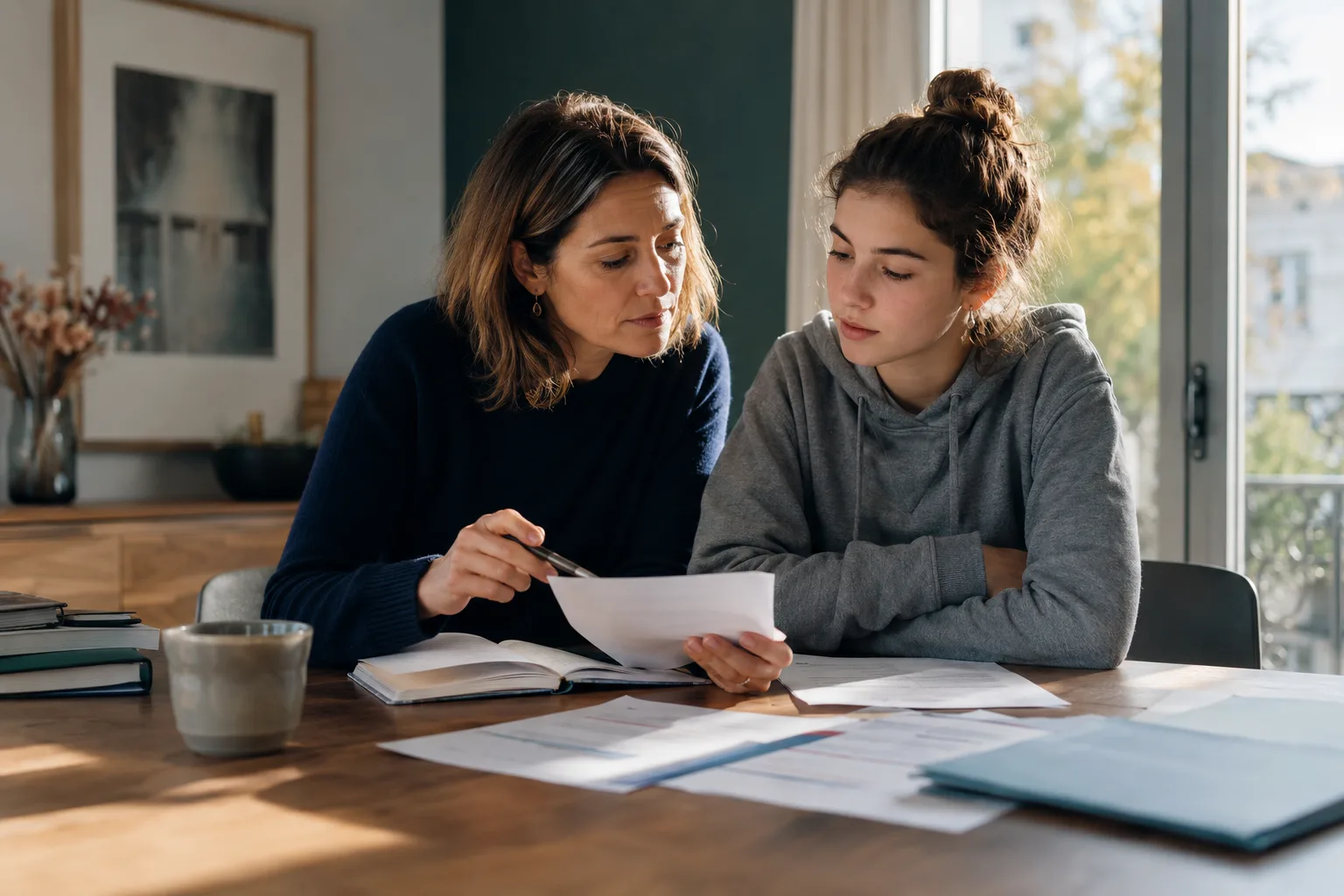 Un parent et un adolescent relisent calmement des documents scolaires à une table familiale pour préparer une demande d’aide.