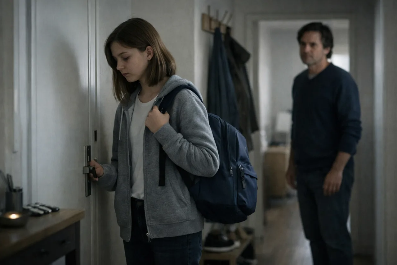 Un adolescent hésite près de la porte avec son sac d’école pendant qu’un parent observe calmement la scène.