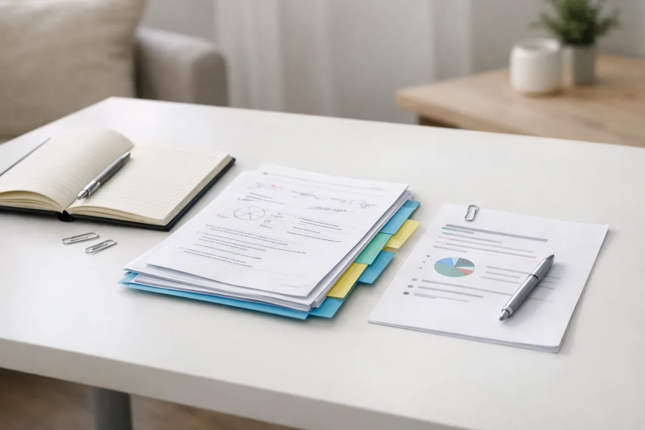 Quelques copies scolaires, un carnet et des documents triés sont préparés sur une table pour un rendez-vous avec l’établissement.