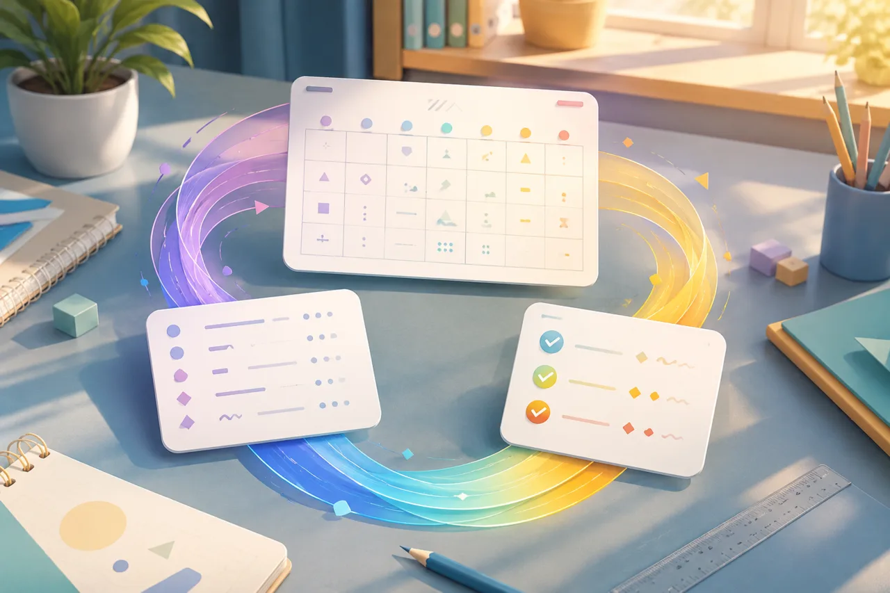 Three connected revision planning cards showing a weekly map, daily task and review loop.