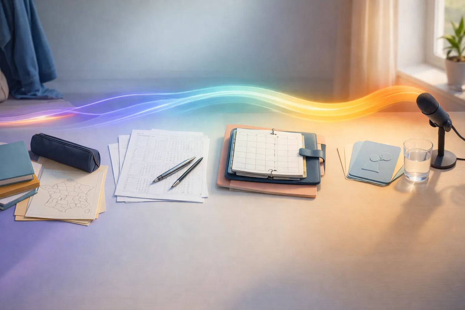 Composition conceptuelle montrant un parcours scolaire du collège au lycée avec supports d’examen, agenda et préparation orale.