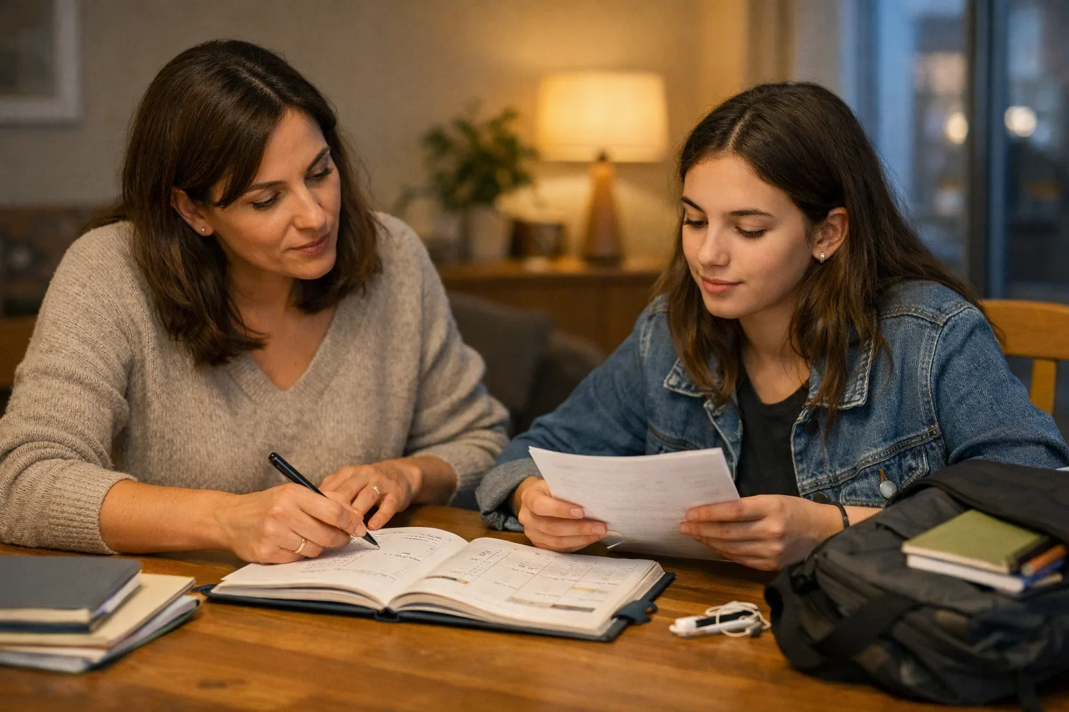 Un parent et un adolescent organisent calmement la semaine scolaire autour d’un agenda et de cahiers, à la maison.