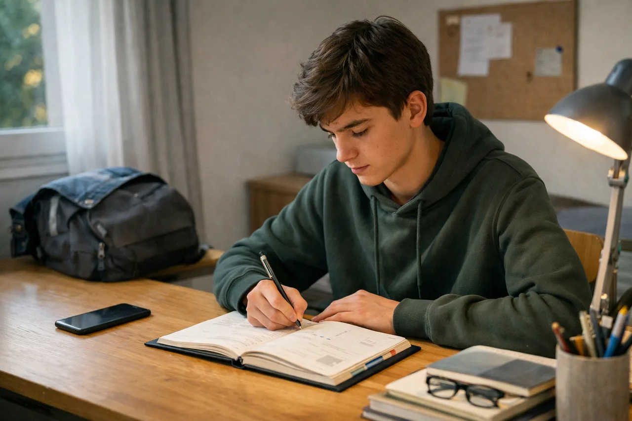 Un adolescent rentré de l’école pose son téléphone à distance et commence calmement son travail du soir.