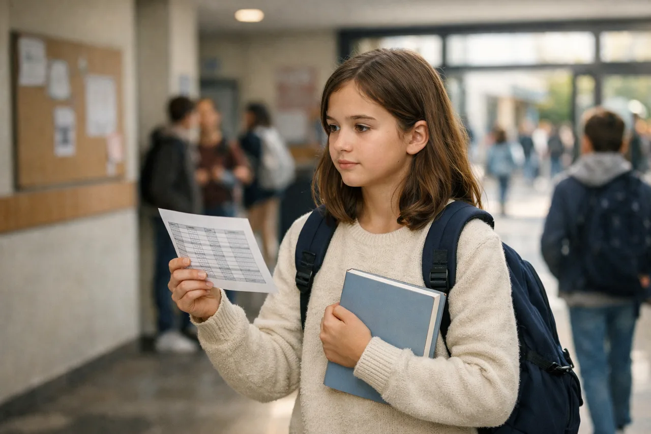 Un élève arrive dans un nouvel établissement secondaire, emploi du temps en main, dans une ambiance de première semaine.