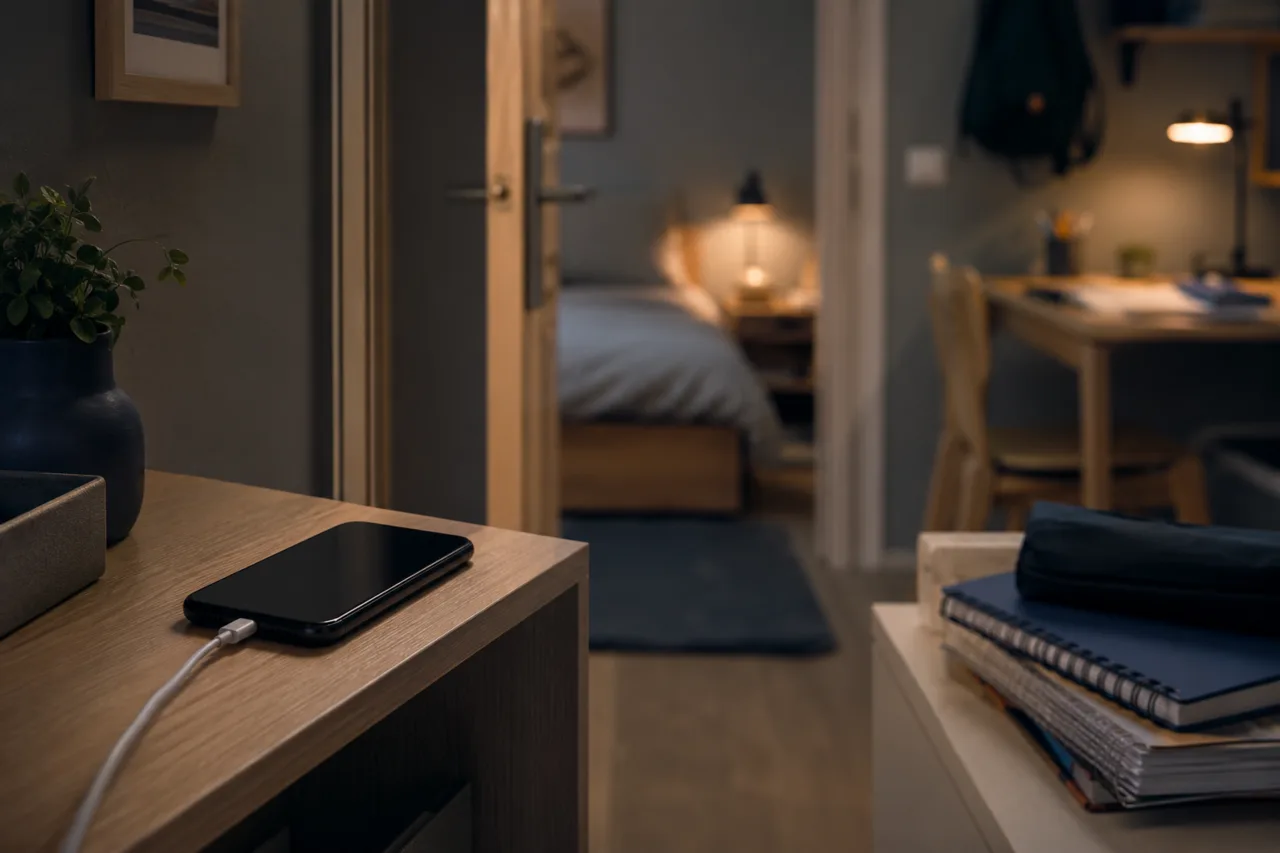 Ein Smartphone lädt abends außerhalb des Betts, während im Hintergrund ein ruhiger Schlafbereich angedeutet ist.