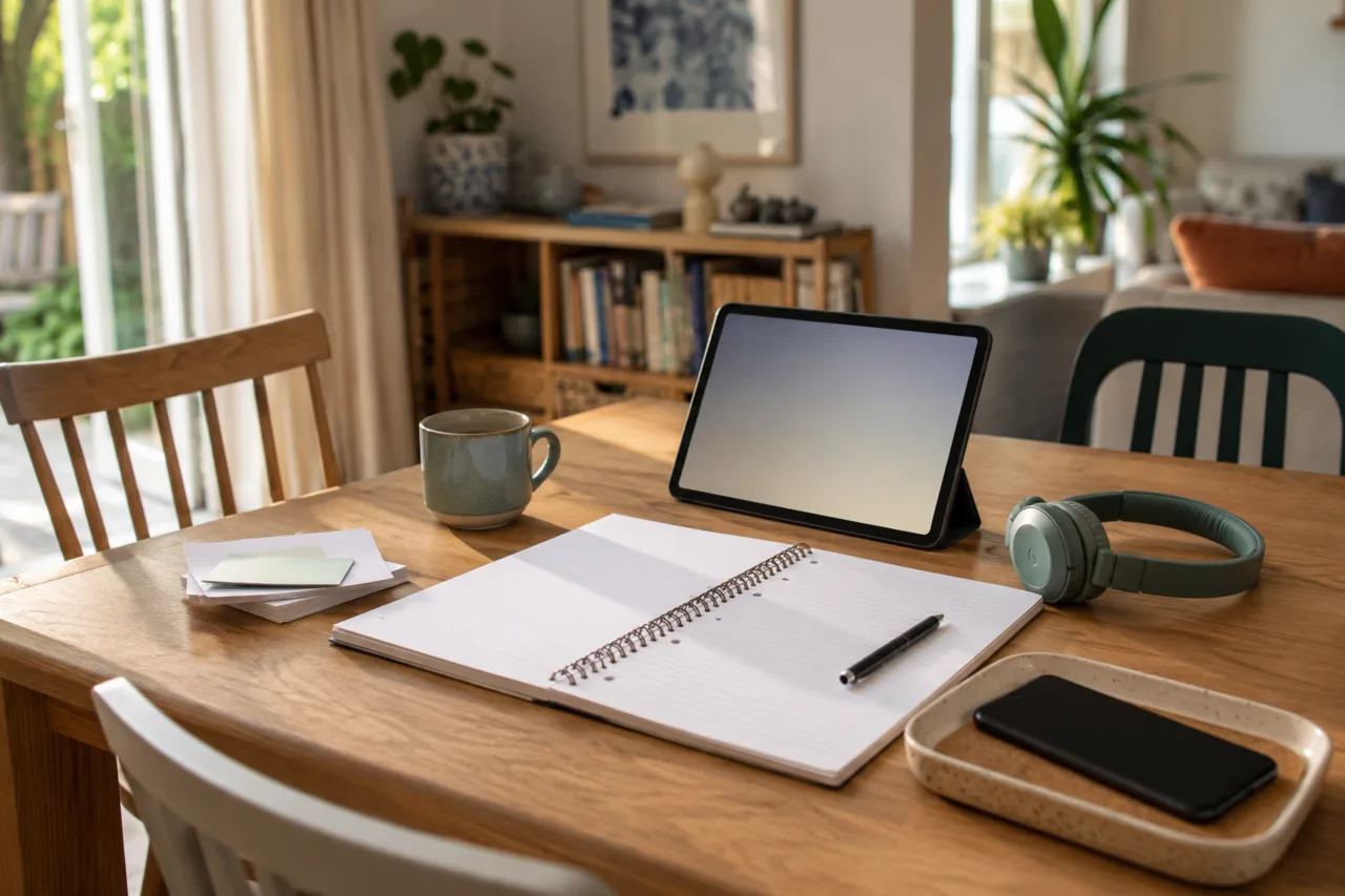 A study surface with a laptop, notebook, flashcards and a smartphone placed face down away from the work area.