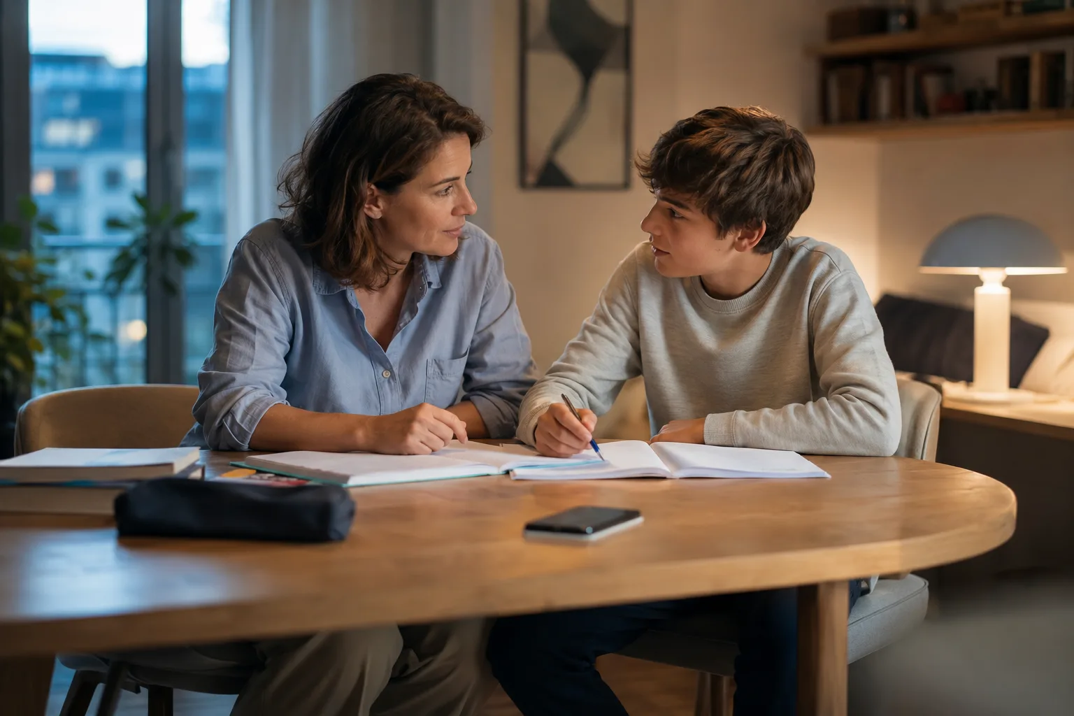 Un parent et un adolescent discutent calmement autour de cahiers ouverts, avec un smartphone posé à distance sur la table en début de soirée.