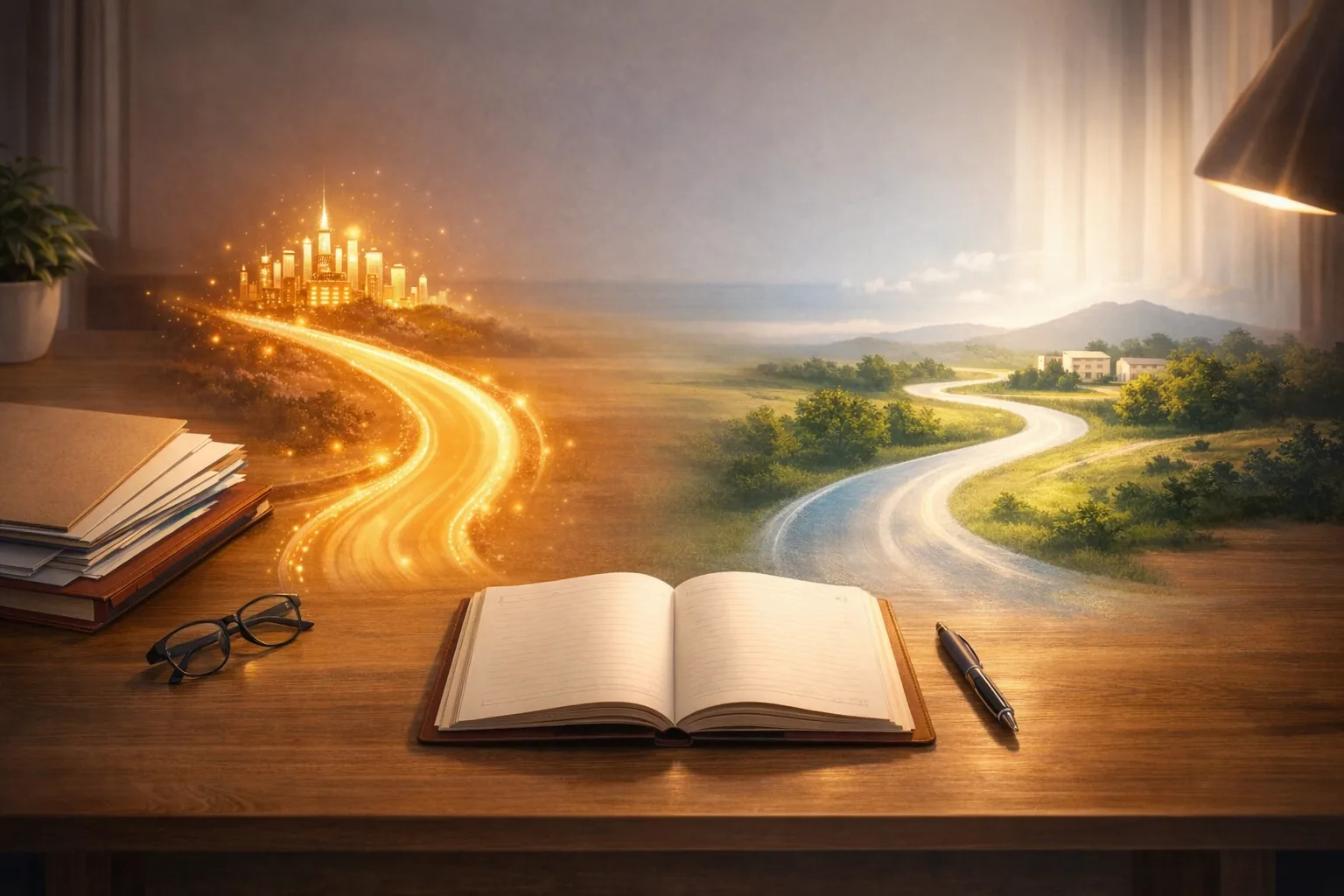 Bureau d’orientation avec carnet et deux trajectoires visuelles opposant prestige affiché et choix durable.