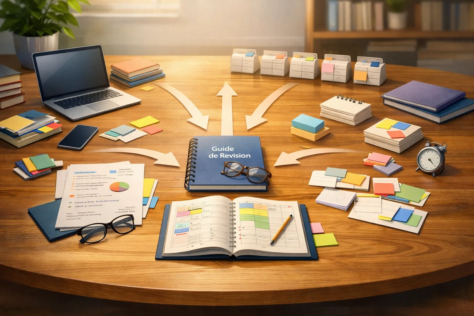 Matériel de préparation à un test organisé en un parcours clair sur une table, suggérant un choix stratégique plutôt qu’une surcharge.