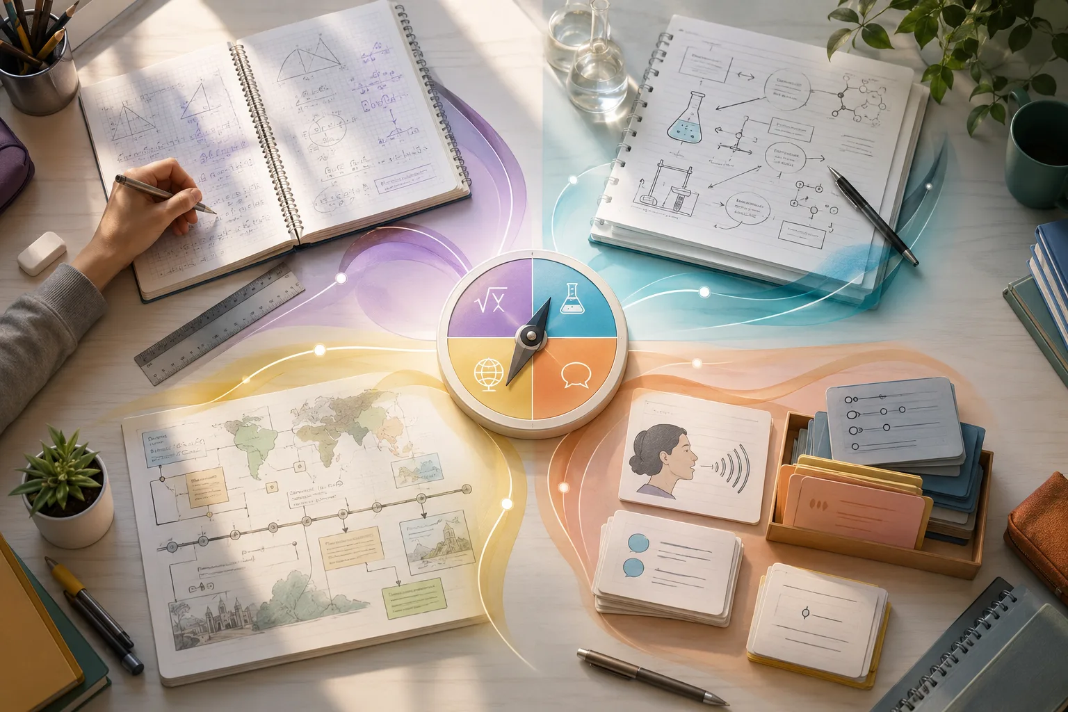Illustration conceptuelle montrant différents gestes de travail selon les matières : maths, sciences, histoire-géographie et langues.