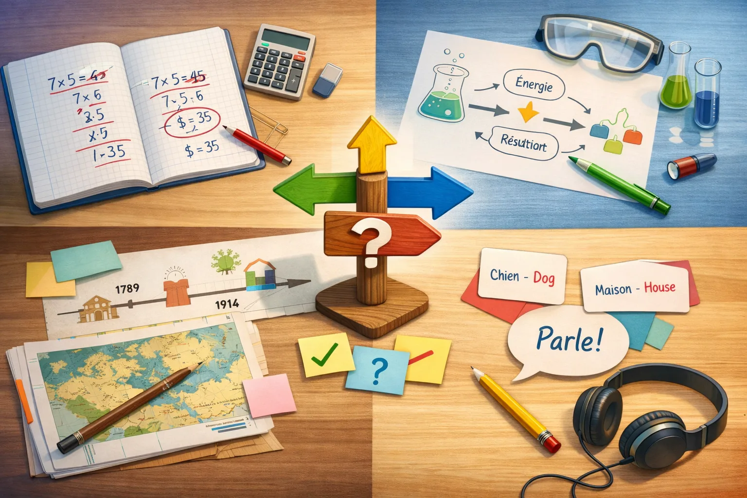 Illustration conceptuelle montrant différents gestes de travail selon les matières : maths, sciences, histoire-géographie et langues.