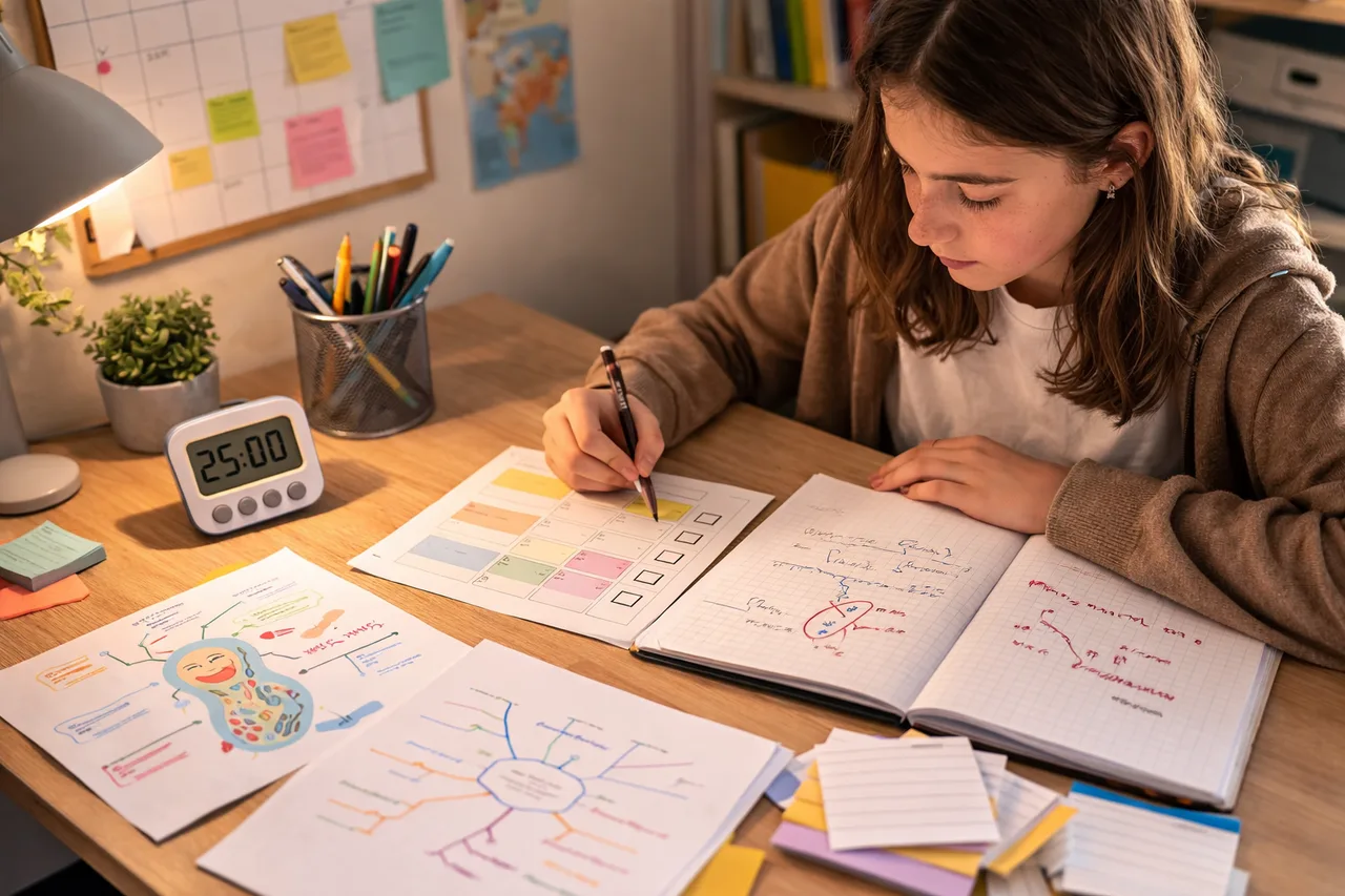 Routine d’étude courte et structurée avec supports différents selon les matières sur un bureau d’élève.