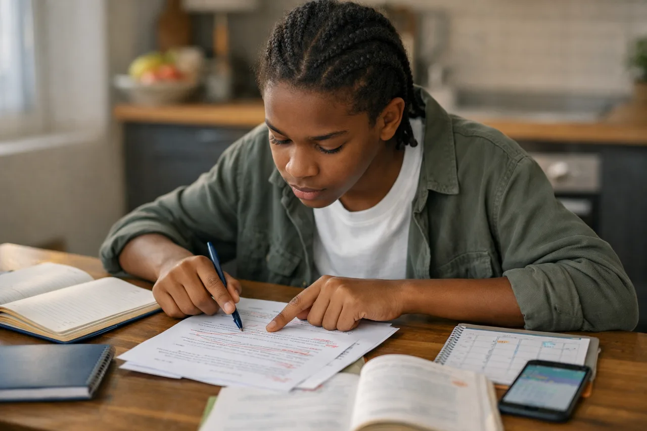 Élève analysant calmement des copies corrigées pour comprendre ce qui bloque vraiment selon les matières.