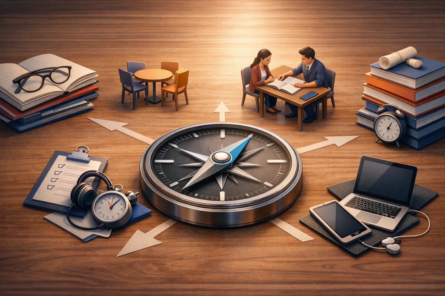 Illustration conceptuelle d’un choix entre plusieurs formes de soutien scolaire autour d’une boussole de décision.