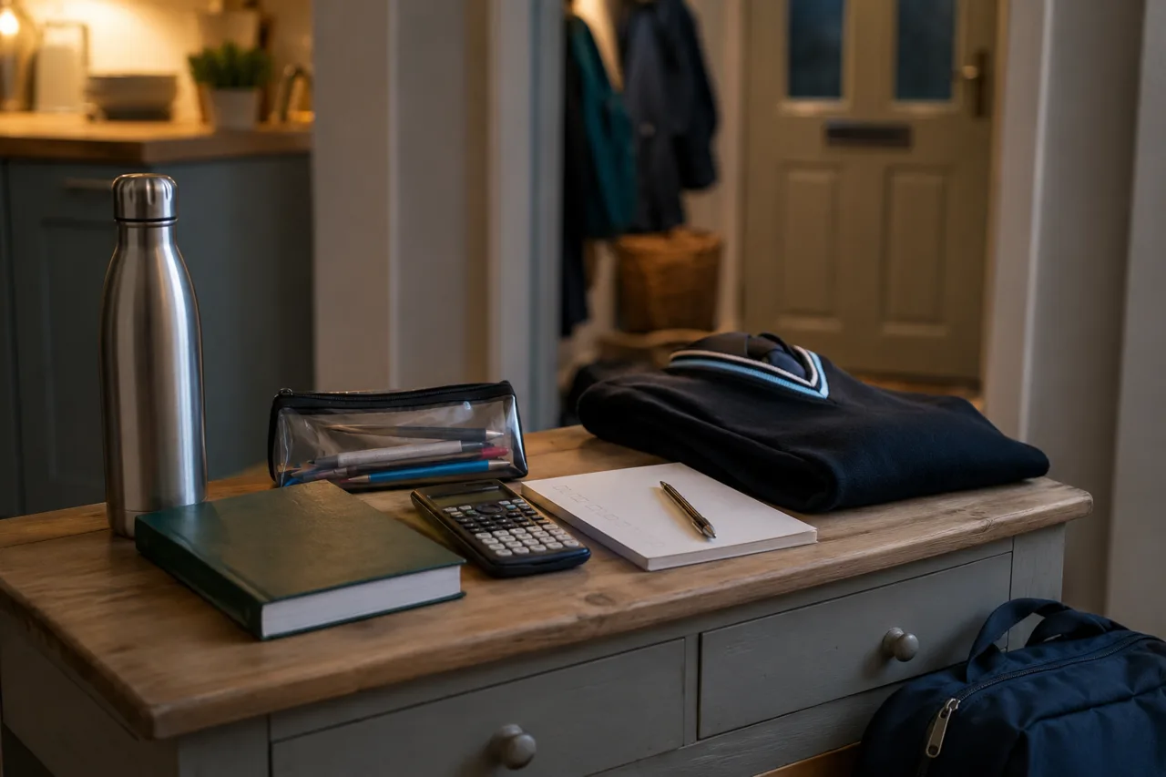 Exam materials packed calmly the evening before a test, with a closed textbook and checklist.