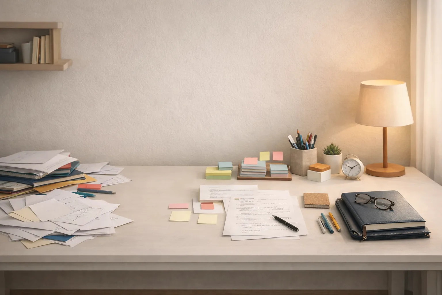 Un bureau de révision montre la progression entre notes éparses, entraînement structuré et matériel prêt pour le jour d'examen.