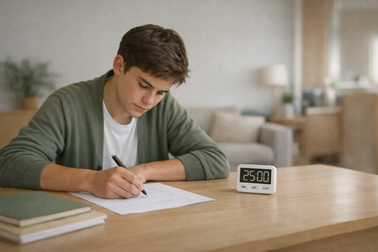 Un adolescent s'entraîne sur une copie chronométrée à son bureau avec un minuteur de révision affichant 25:00.