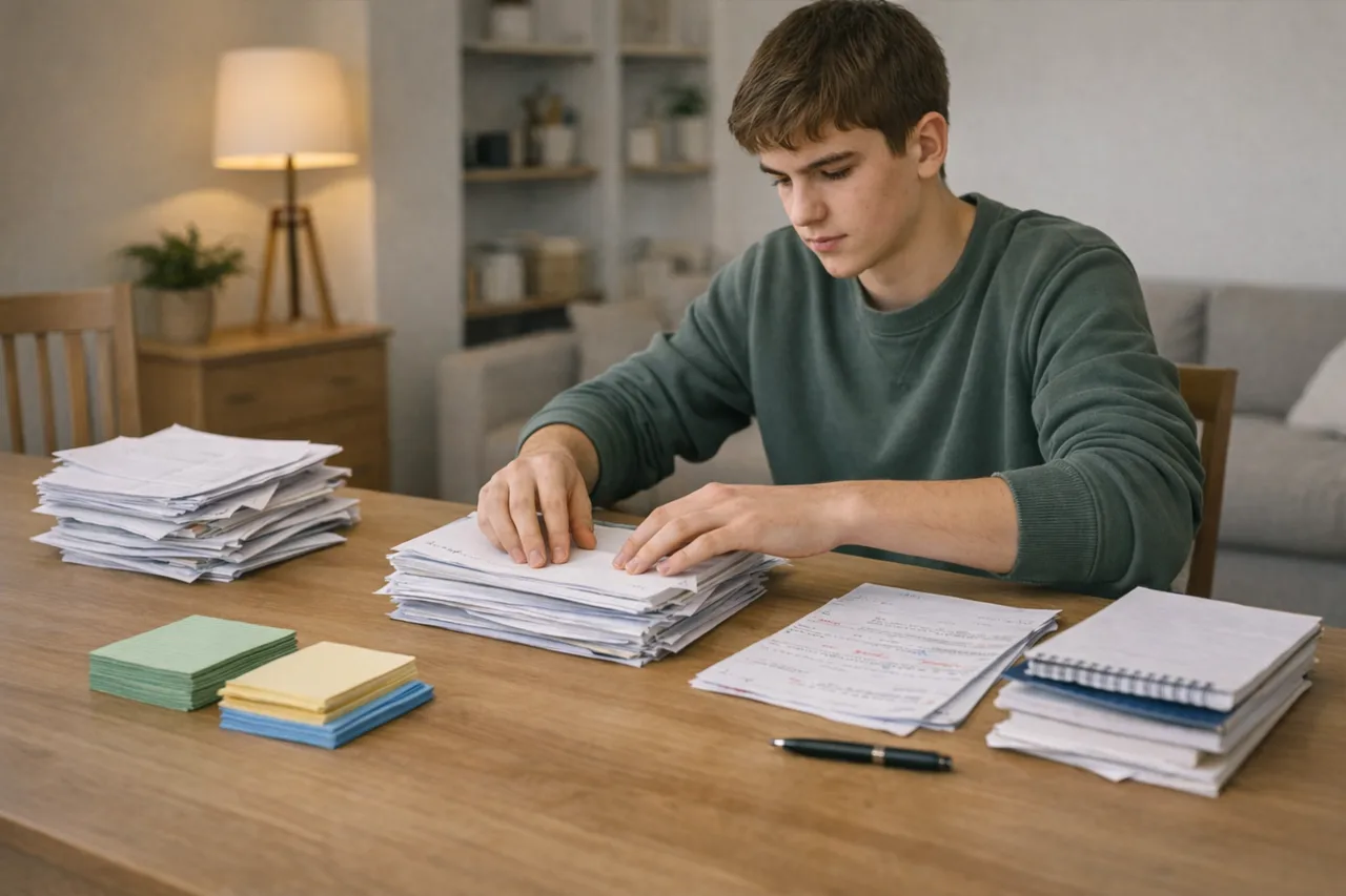 Un adolescent classe des cours et des cartes de révision sur un bureau clair pour construire un plan de travail.