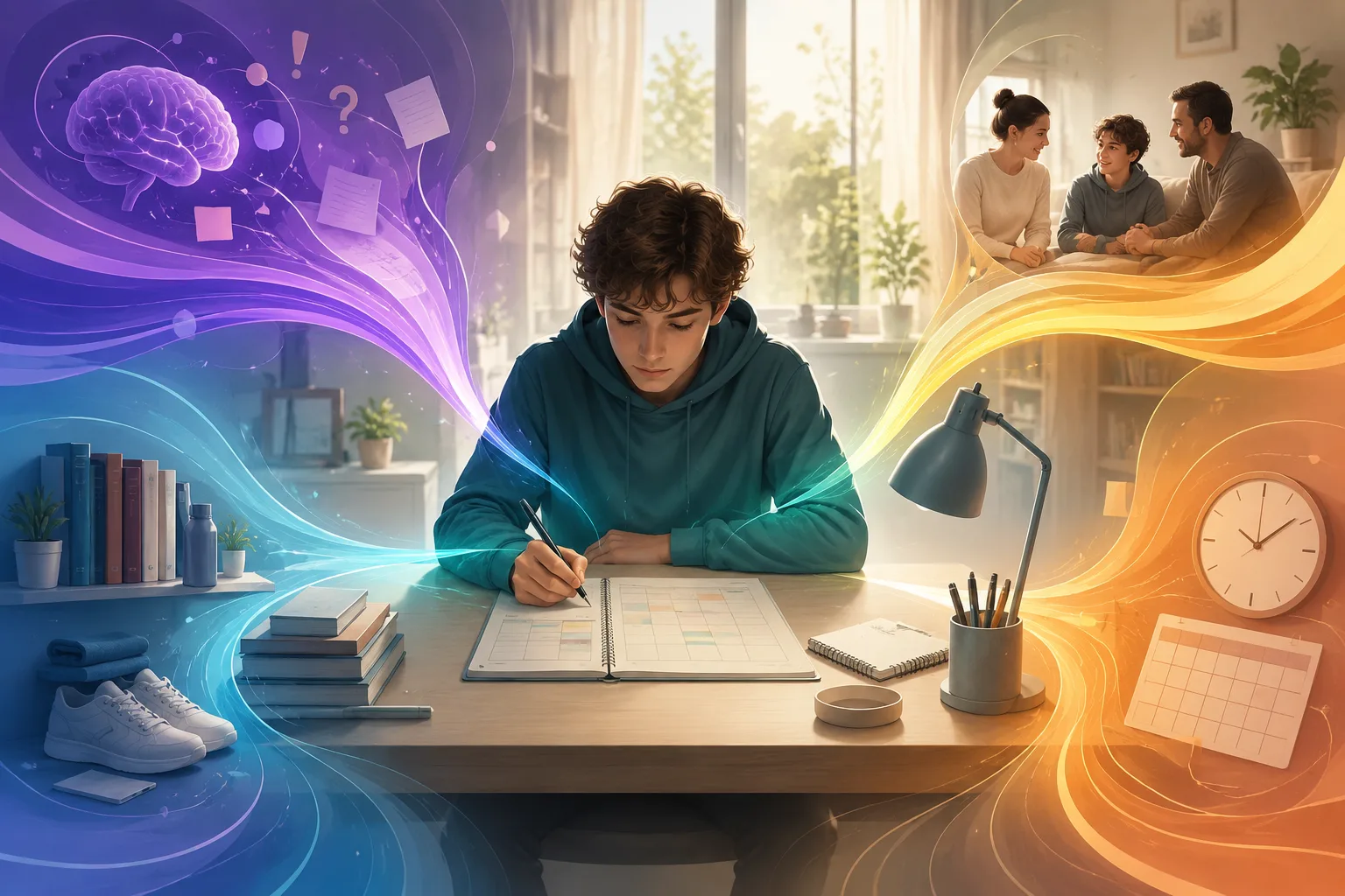Conceptual illustration connecting attention, habits, family support and weekly rhythm around a calmer study plan.