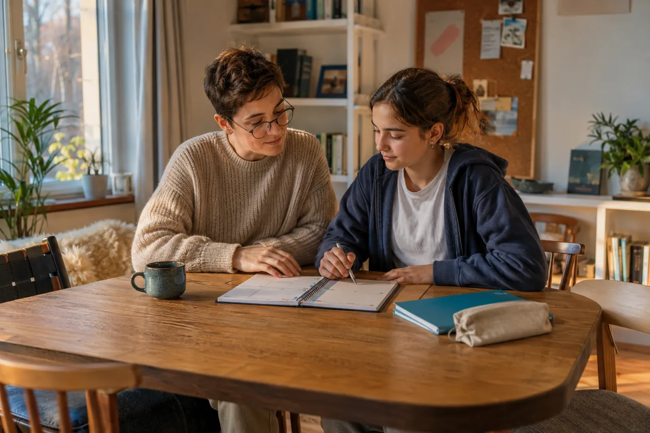 A parent and a teenager calmly review a school planner together at a family table.