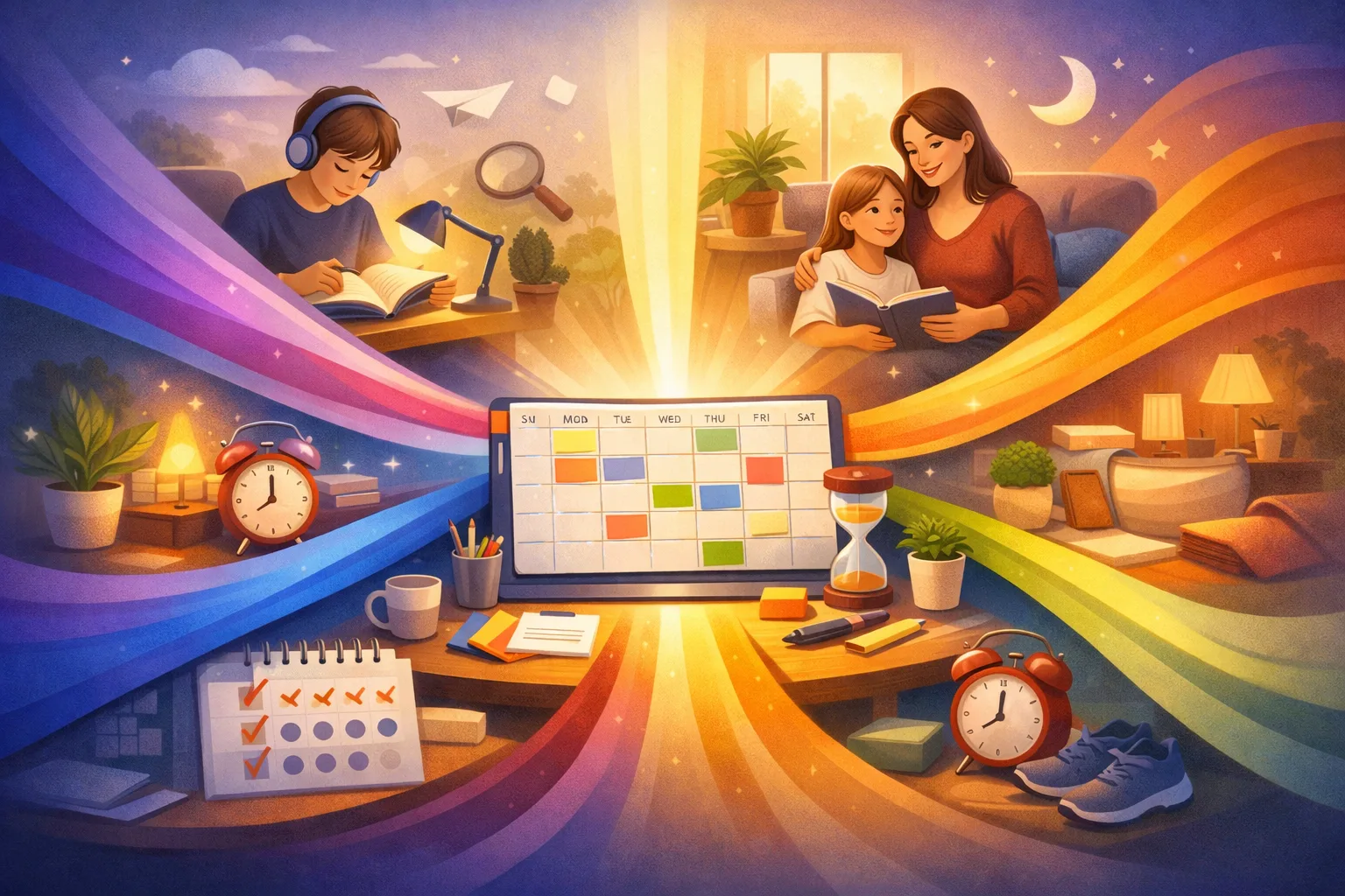 Illustration conceptuelle reliant attention, habitudes, cadre familial et rythmes scolaires autour d’une organisation plus sereine.
