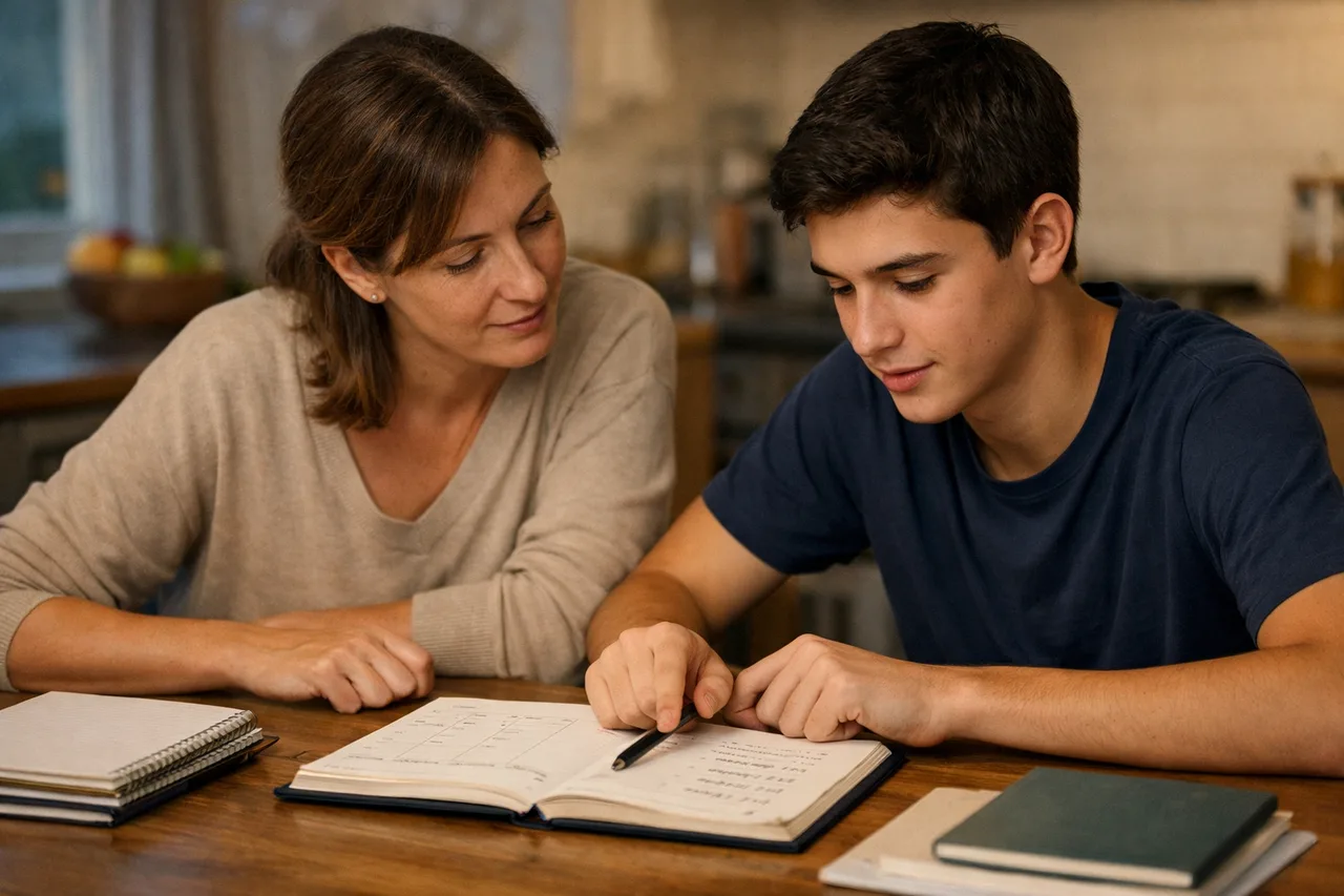 Un parent et un adolescent regardent ensemble un agenda scolaire à table dans une ambiance calme.