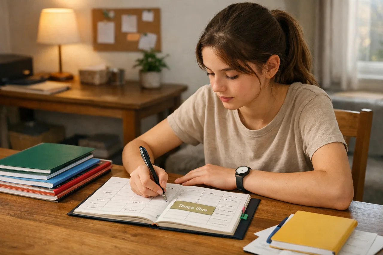 Un adolescent organise sa semaine de travail avec un agenda et quelques cahiers dans un espace d’étude ordinaire.