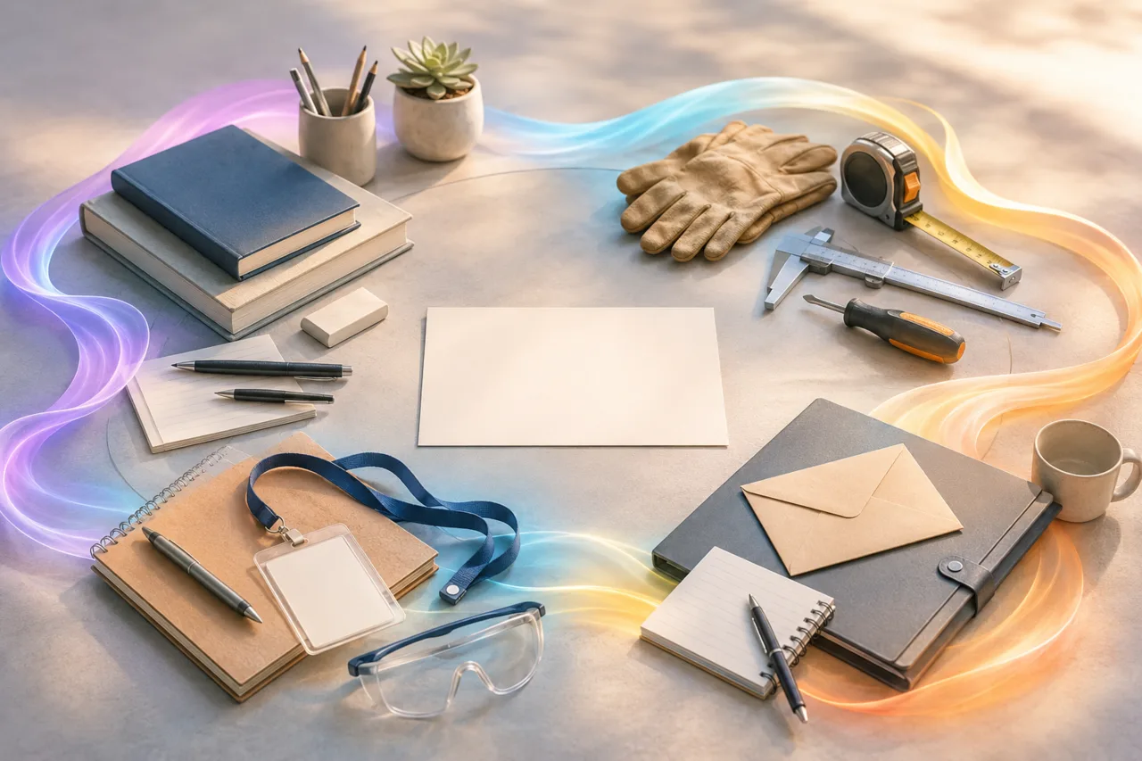 A balanced still-life comparing academic, technical, apprenticeship and selective school route materials around a central decision card.