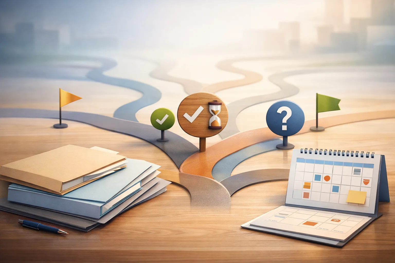 Composition conceptuelle montrant plusieurs parcours d’orientation organisés autour de dossiers et d’un calendrier.