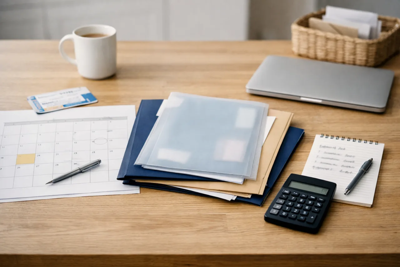 Calendrier, dossiers et calculatrice organisés sur une table pour préparer des candidatures et un budget d’études.