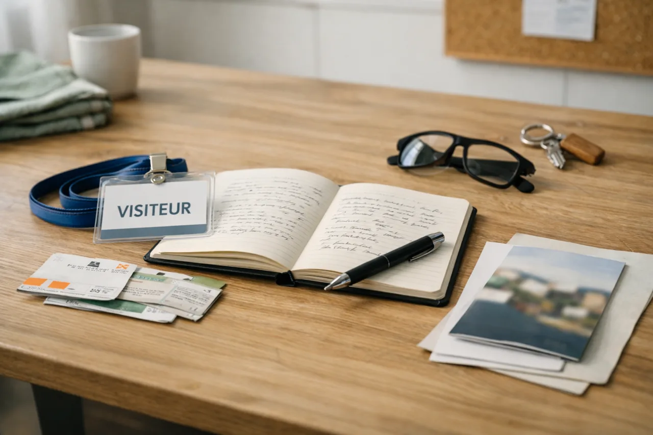 Objets de retour de stage ou de visite posés sur une table familiale, avec carnet, badge et documents non lisibles.