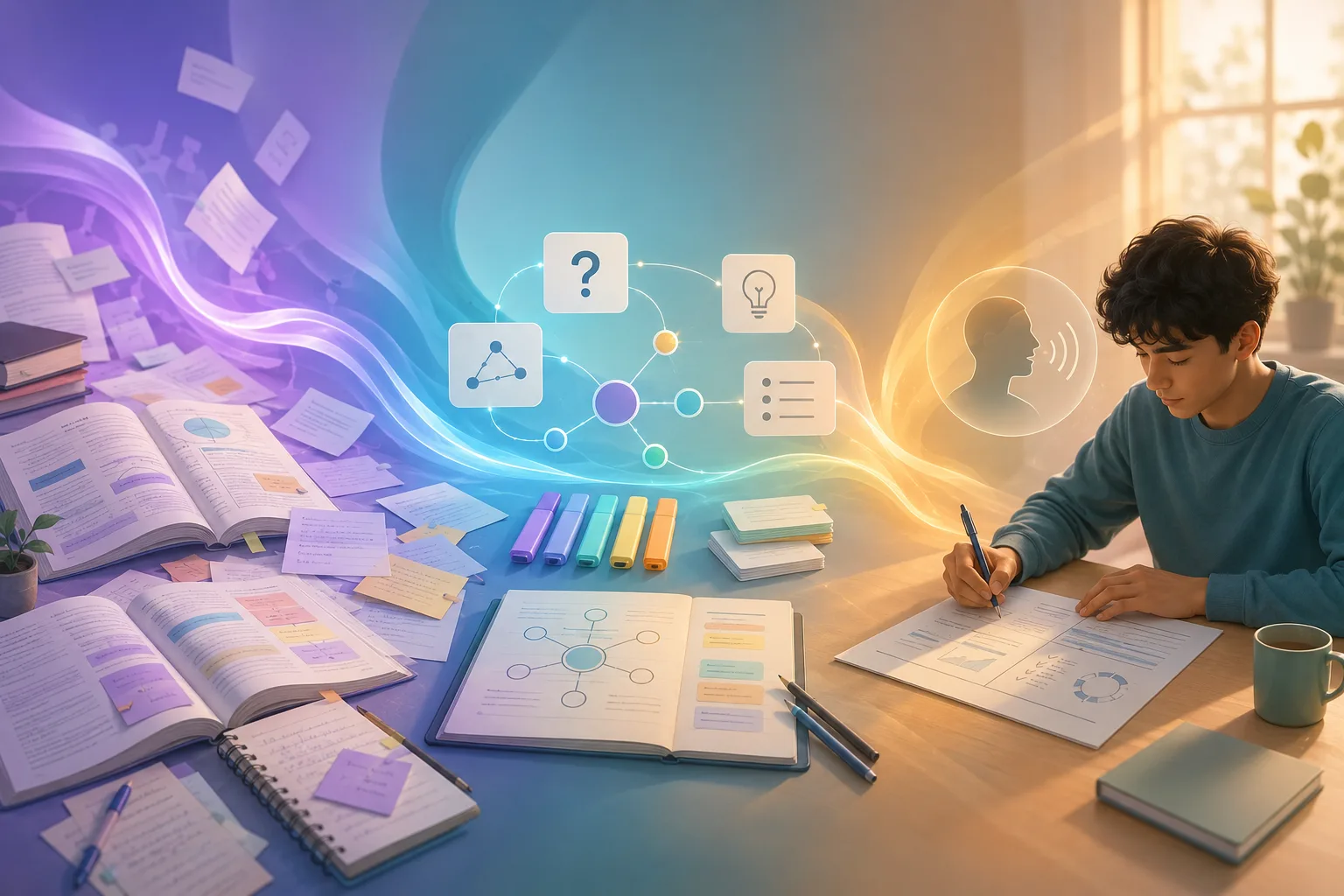 Conceptual illustration showing school material moving from understanding to active memory and then to clear use.