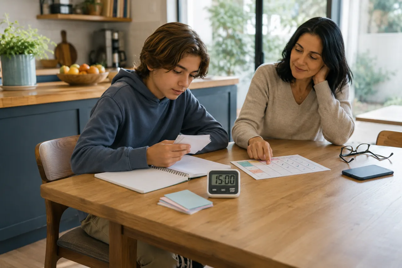 A student follows a short revision routine at a family table with a parent nearby and a study timer visible.