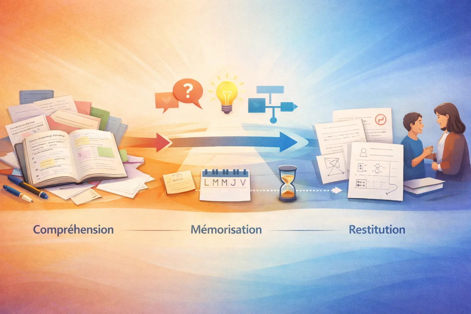Illustration conceptuelle montrant un cours qui passe de la compréhension à la mémorisation puis à la restitution.