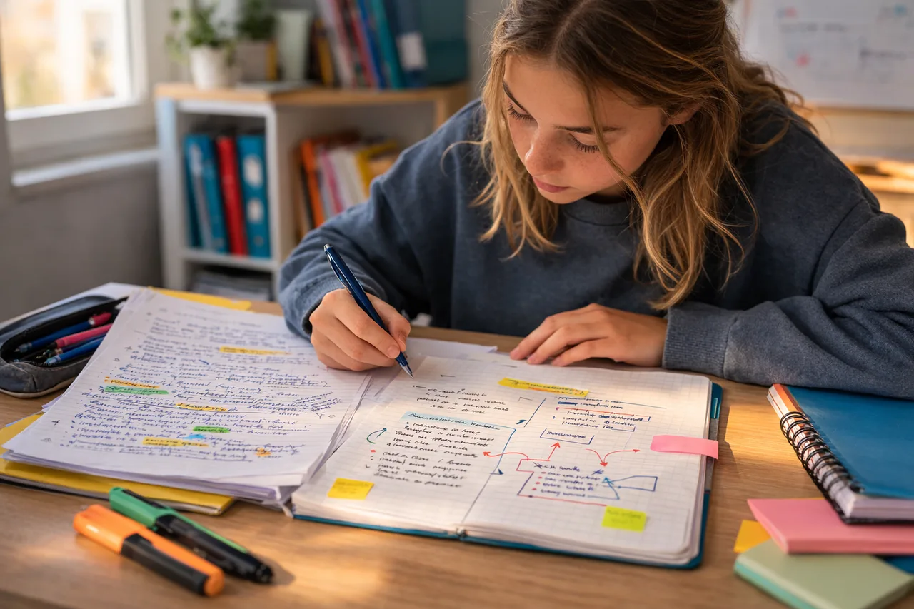 Un élève retravaille son cours en transformant des notes chargées en repères clairs et questions de révision.