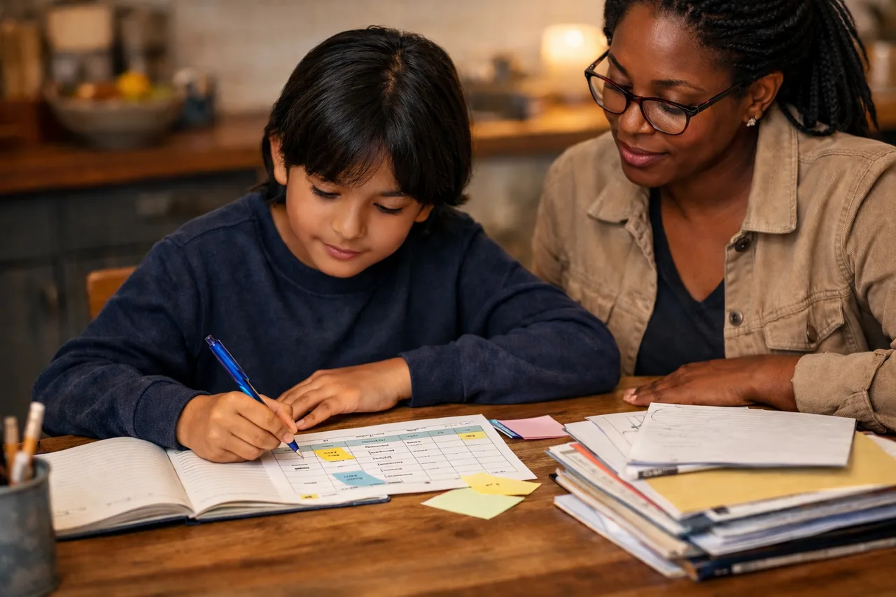 Un élève suit une petite routine de révision hebdomadaire avec l’aide discrète d’un parent.