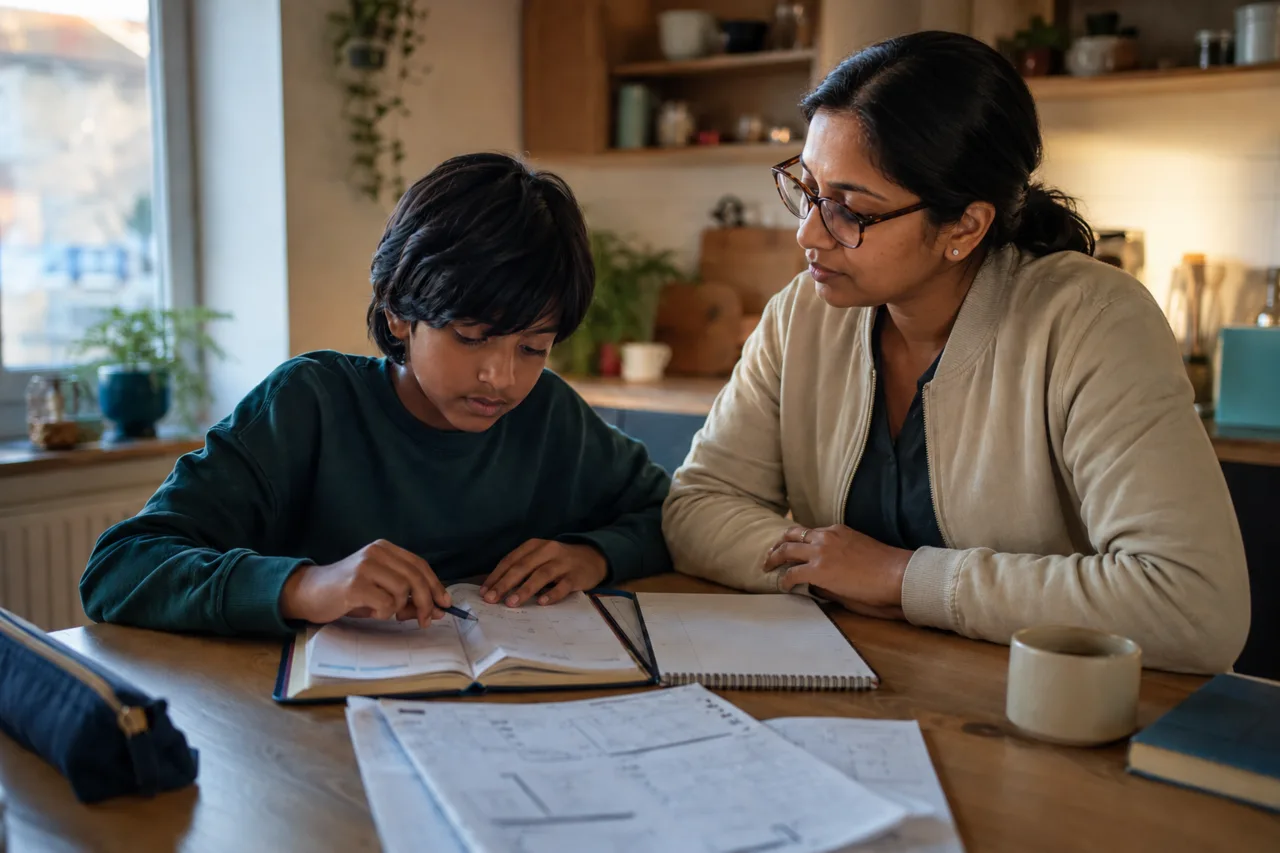 Un élève suit une petite routine de révision hebdomadaire avec l’aide discrète d’un parent.