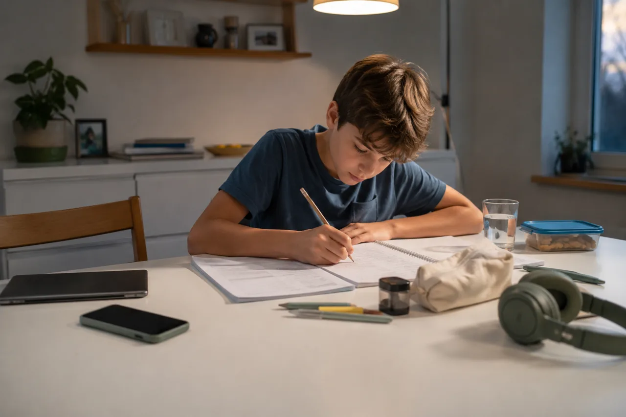 Homework materials on a home table with a smartphone set aside from the main work area.