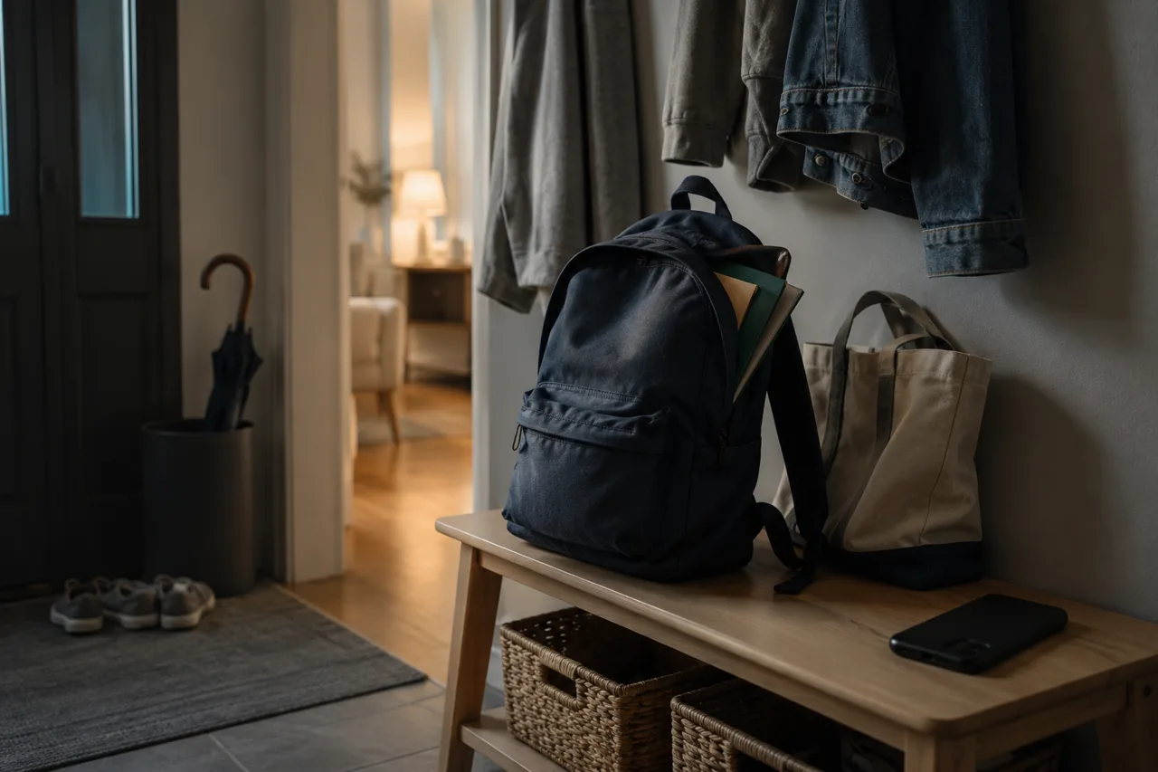 A quiet after-school entryway with a backpack and face-down phone, suggesting hidden worry.