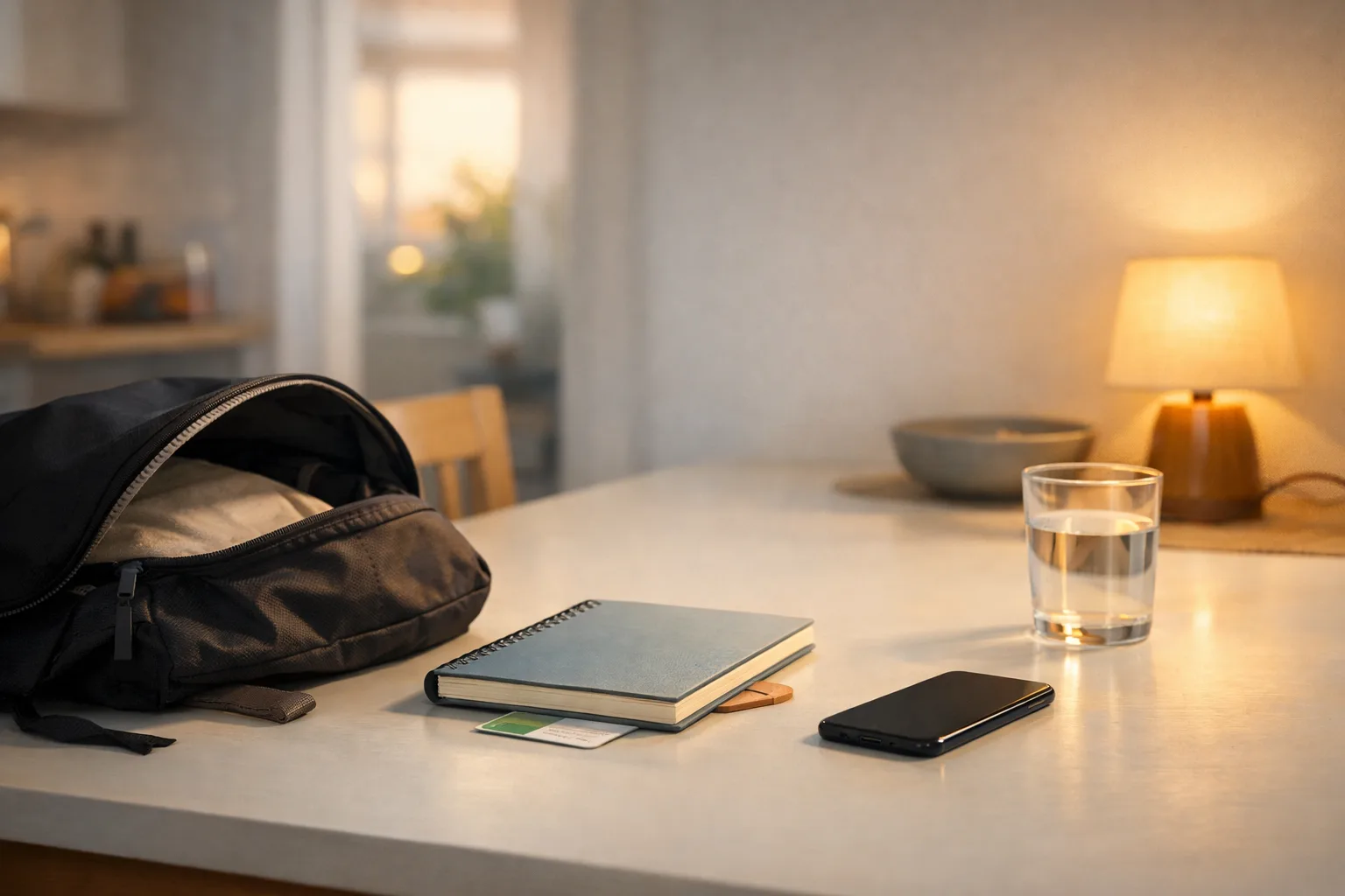 Un sac de cours, un cahier et un téléphone posé face contre table dans un intérieur calme, évoquant un retour à l’équilibre après l’école.