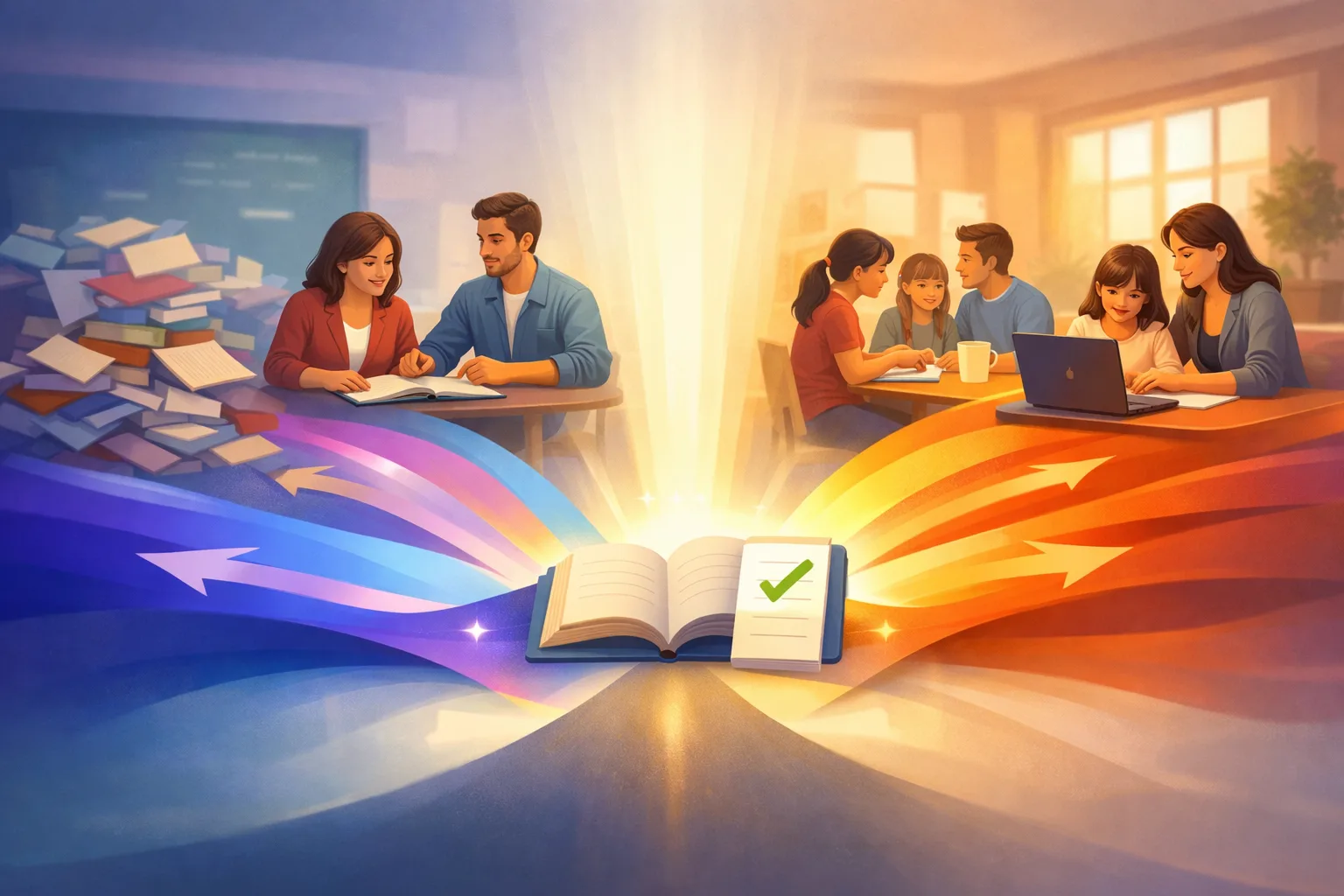 Illustration conceptuelle de plusieurs formes de soutien scolaire convergeant vers un plan d’aide simple et adapté.